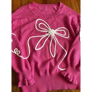 Bow Sweater Womens Large Pink Knit Pullover Balloon Sleeve Ruffle Cuff Bow